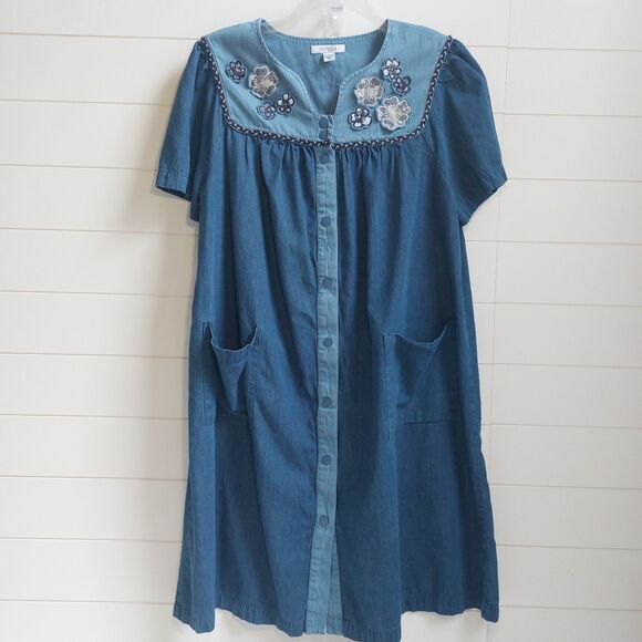 Go Softly Patio House Dress Women's Large Blue Applique MuuMuu Lounge Snap Front - Picture 2 of 6